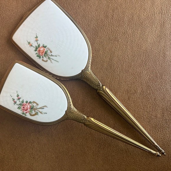 Vtg Vanity Set Hand Mirror Hair Brush Guilloché Enamel Gold Tone Rose Floral - Picture 2 of 15